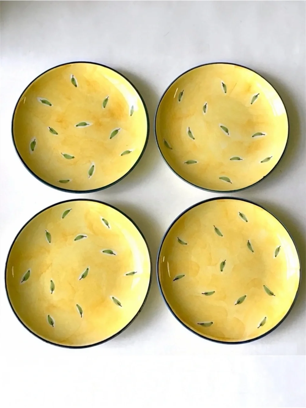 Stonemite Plates 4 Salad Dessert Appetizer 7.5” Hand Painted Yellow Green Leaf
